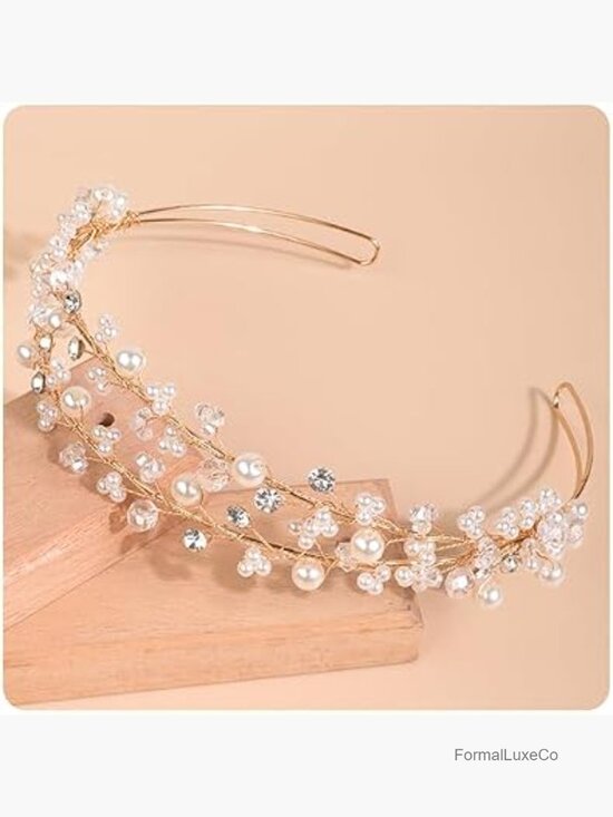 Golden Crystal Tiara Pearl Rhinestone Headband Bridal Hair Accessory main image 4